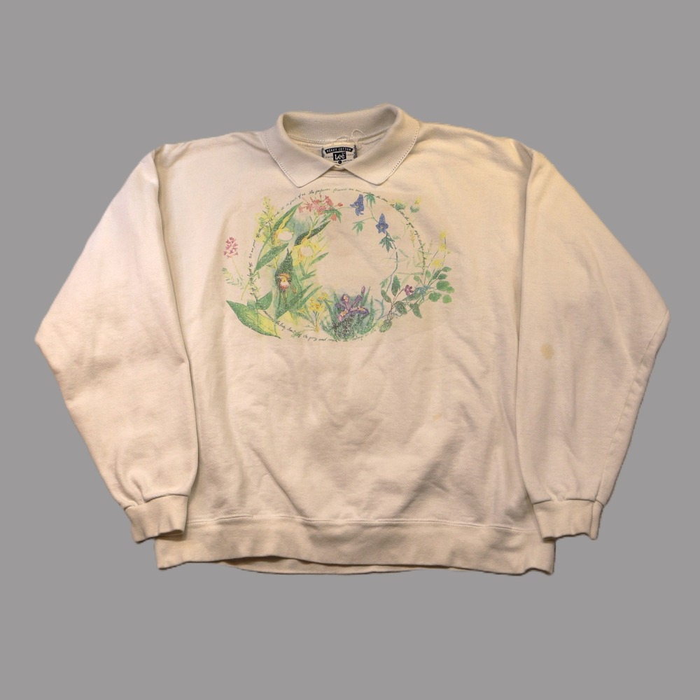 Lee Womens L Sweatshirt White Vintage Collared Botanical Wildflower Graphic